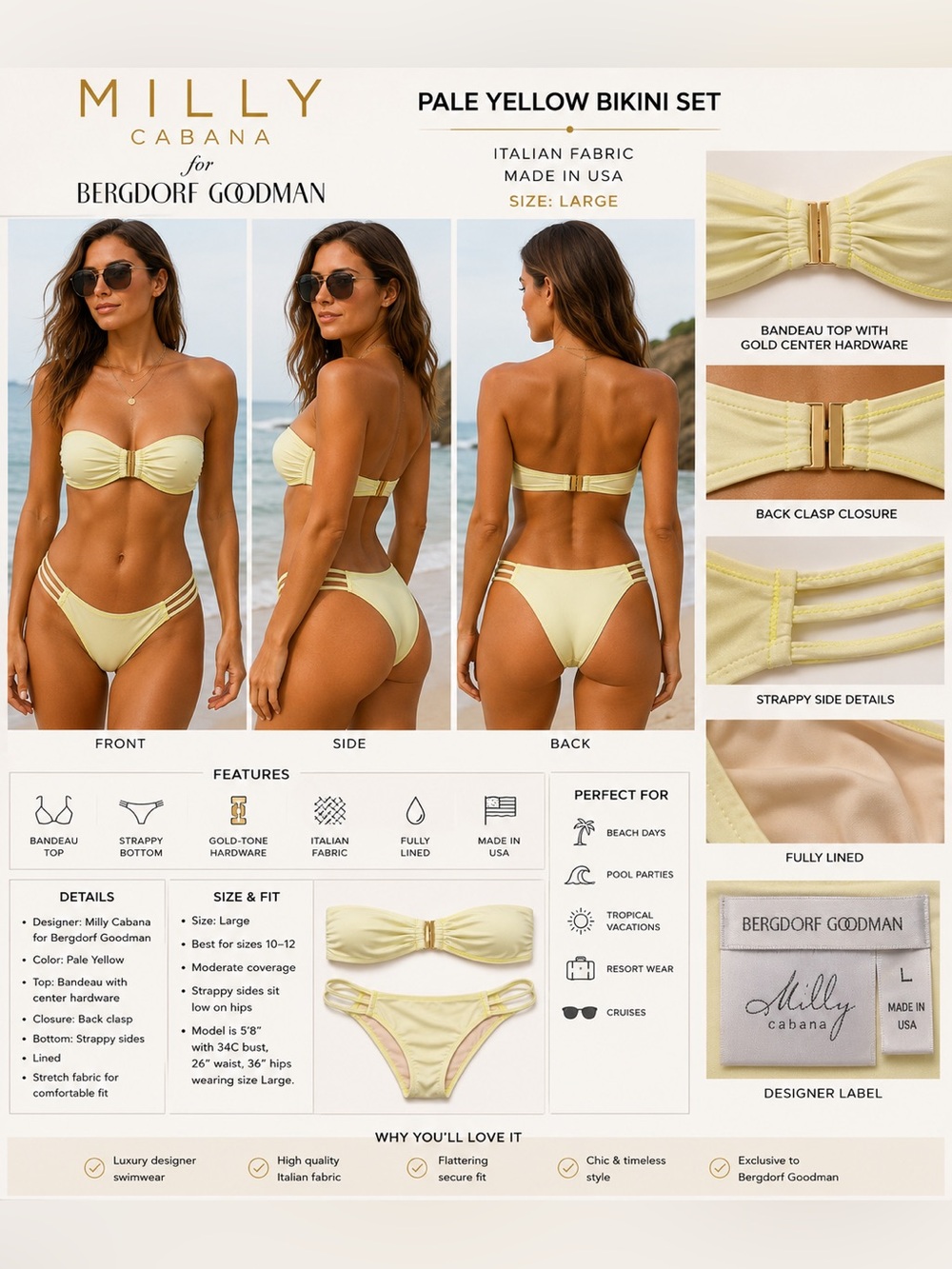 Milly Cabana X Bergdorf Goodman Bikini Set L Pale Yellow Bandeau Strappy Bottom